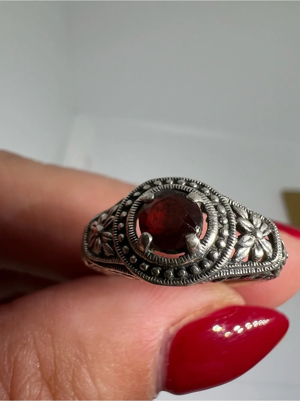 Vintage-Inspired Sterling Ring with Deep Red Garnet Gemstone